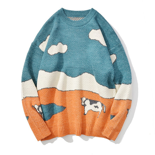 Cotton Oversized Sweater in Blue-Orange